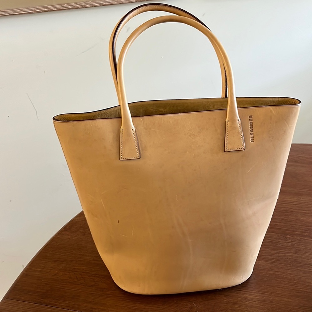 Jil Sander Italian Leather Structured Tote in Tan